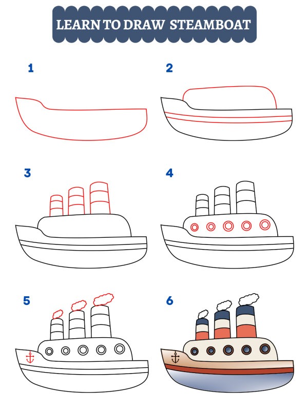 Hoe teken je een stoomboot?