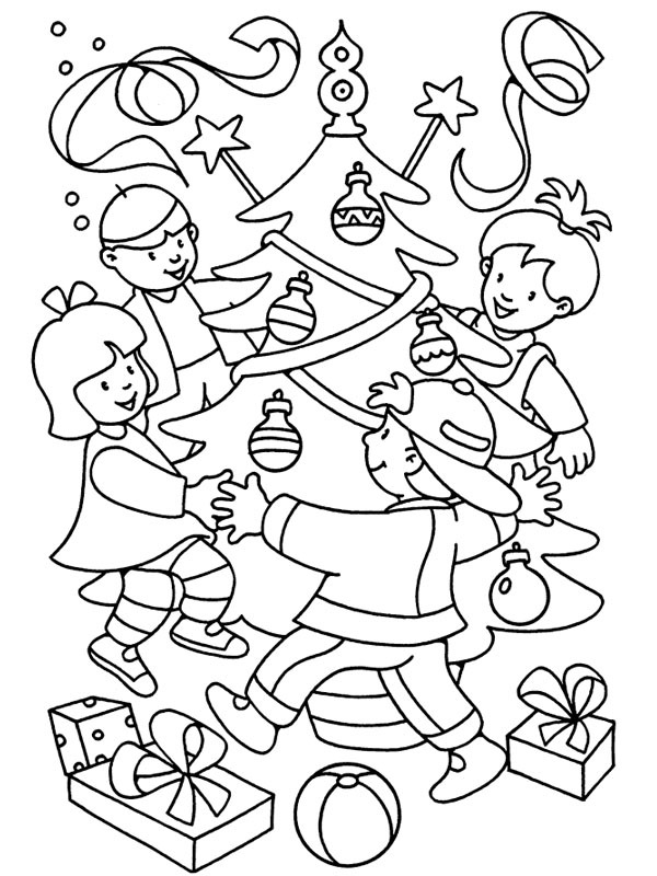 Dansen rond de kerstboom Kleurplaat