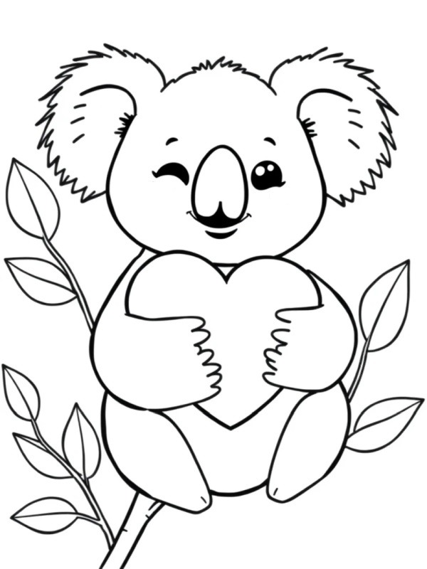 Kawaii koala houdt hart vast Kleurplaat