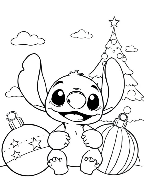 Stitch met kerstballen Kleurplaat