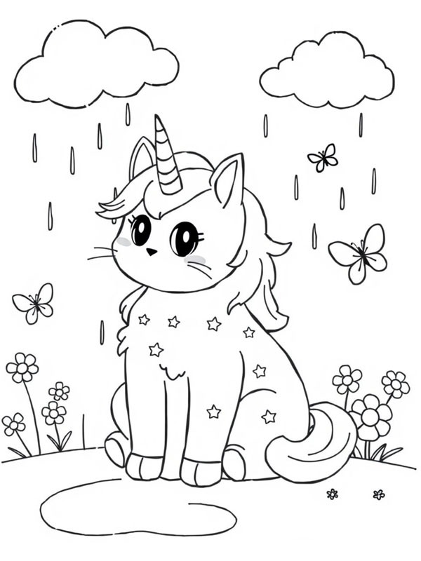 Unicorn kat zit in de regen Kleurplaat